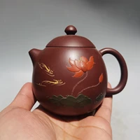 4chinese yixing zisha pottery hand carved painted lotus pot kettle slope mud teapot pot tea maker office ornaments