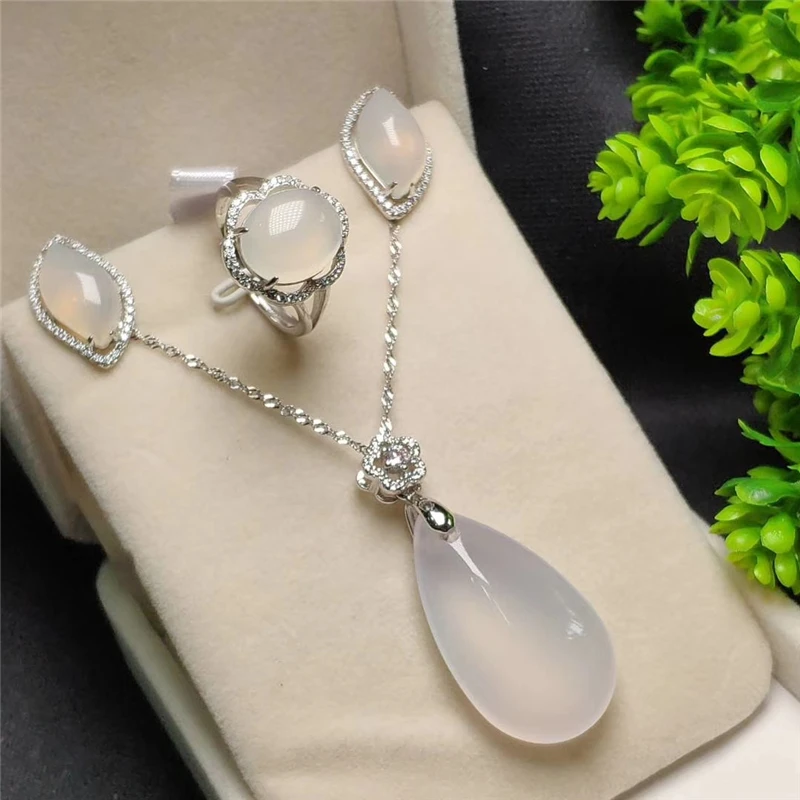 

LETSFUN 3pcs 925 Sterling Silver Natural New White Jade Gemstone Pendant Necklace Bracelet Earrings Women Jewelry Set