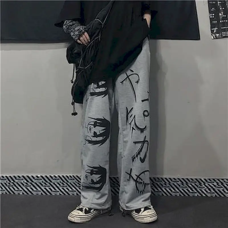 

Japanese anime ins retro streetwear high waist pants women plus size casual trousers womans wide leg straight couple clothes