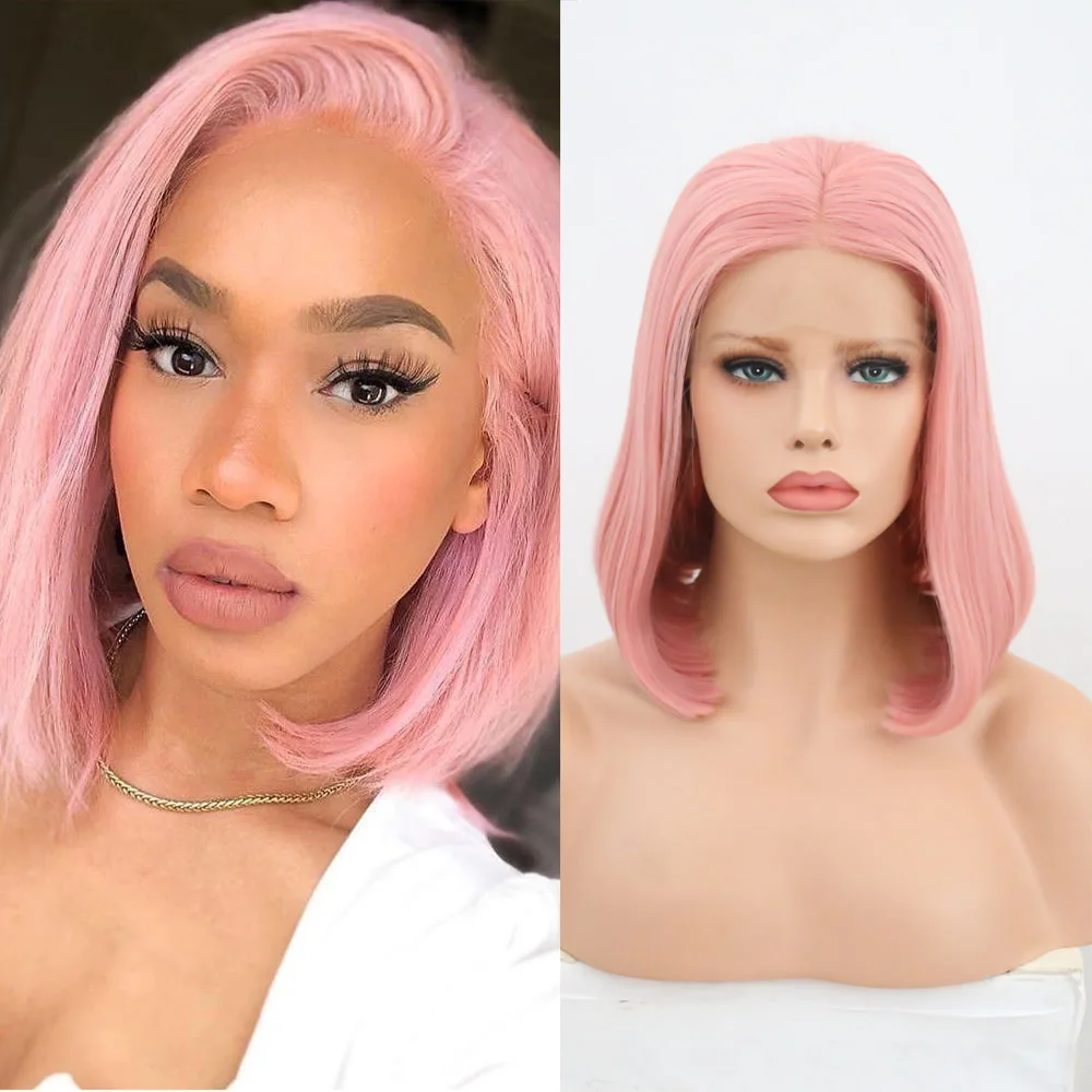 

QUINLUX WIGS Synthetic Lace Front Hair Pink Bob Wigs For Black Women High Temperature Heat Fiber Cosplay Peach Rose African