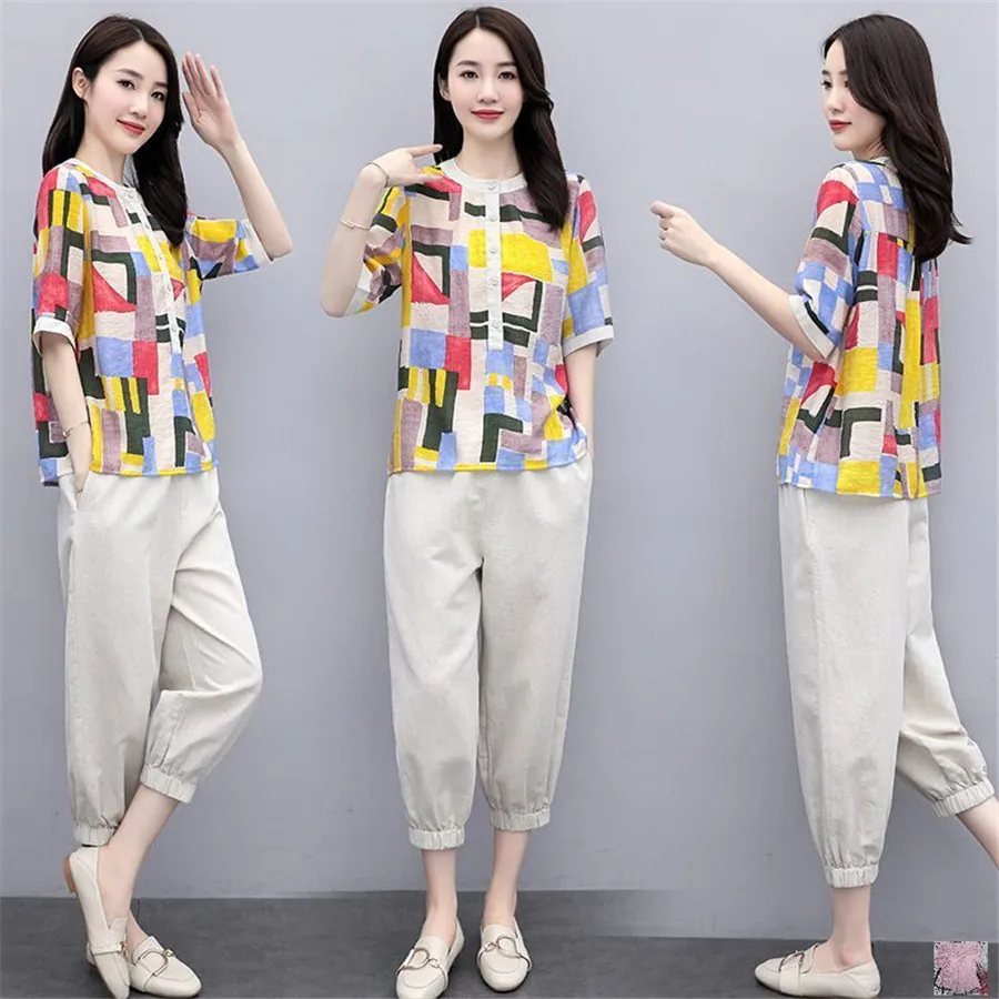 

Корейский женский костюм, летний модный спортивный костюм, новый комплект из 2 предметов, женский свободный спортивный костюм большого разм...