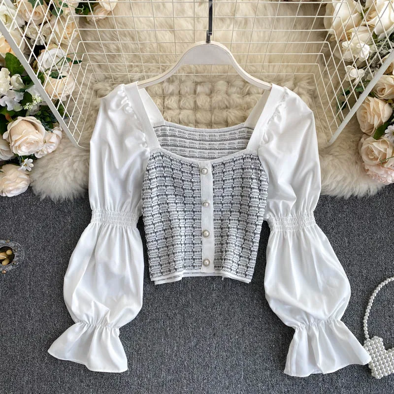 Топы с пышными рукавами для девочек Новинка 2020 года Женские облегающие Короткие