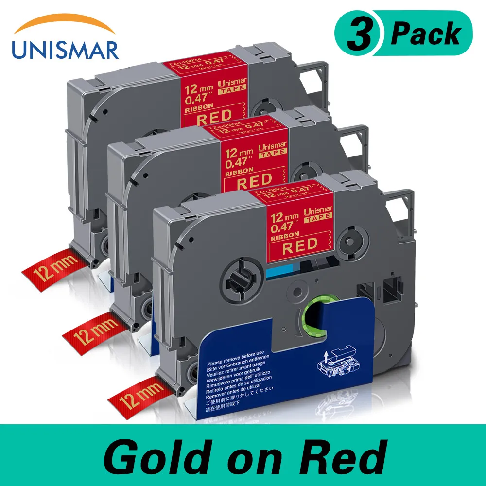 

Unismar 3PK 12mm Satin Ribbon Label Tape for Brother RW34 Gold on Red Label Ribbon Compatible for Brother P-touch Label Maker