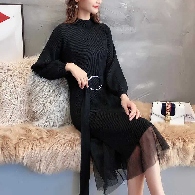 Knitted Dress Women Autumn And Winter 2018 New Chiffon Lace Stitching Sweater Skirt Over The Knee Long | Женская одежда