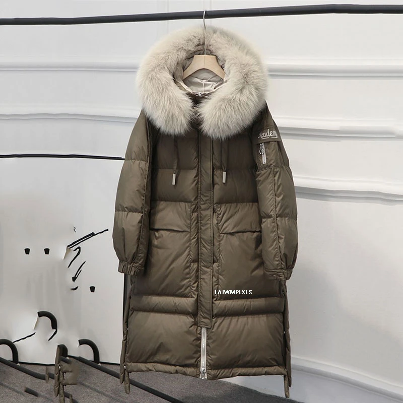 Парка женская на белом утином пуху длинная теплая с воротником из натурального