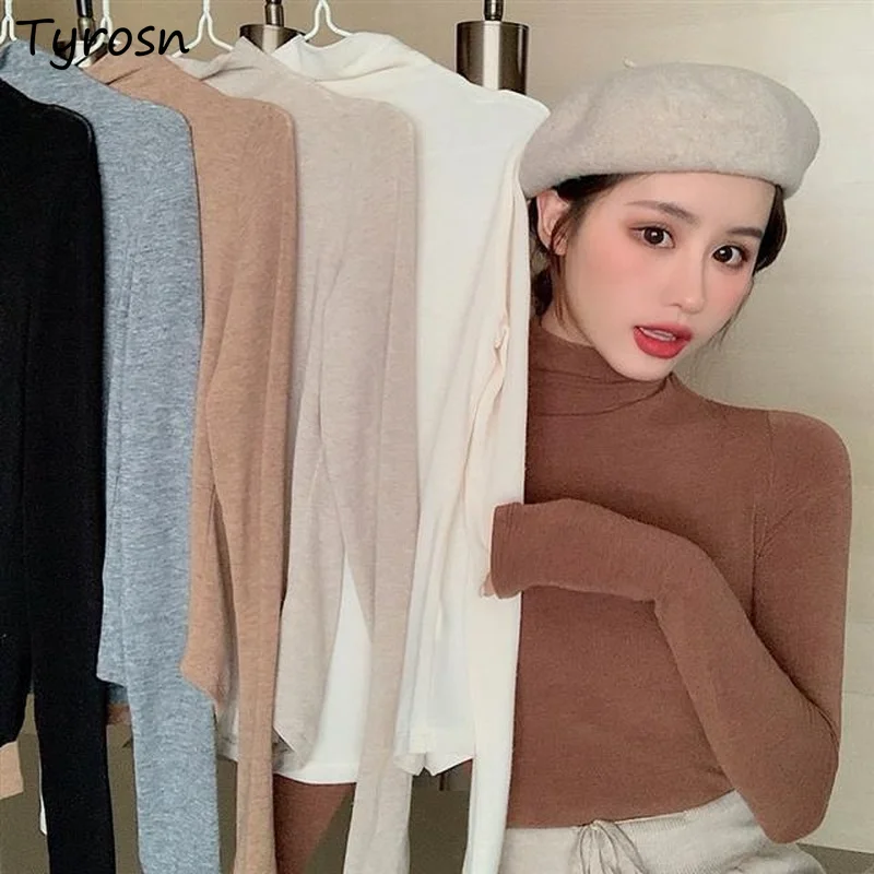 

Turtleneck T-shirts Women Spring Autumn Korean Style Elegant All Match Long Sleeve Tops Slender Femme Fashion Colorful Ulzzang