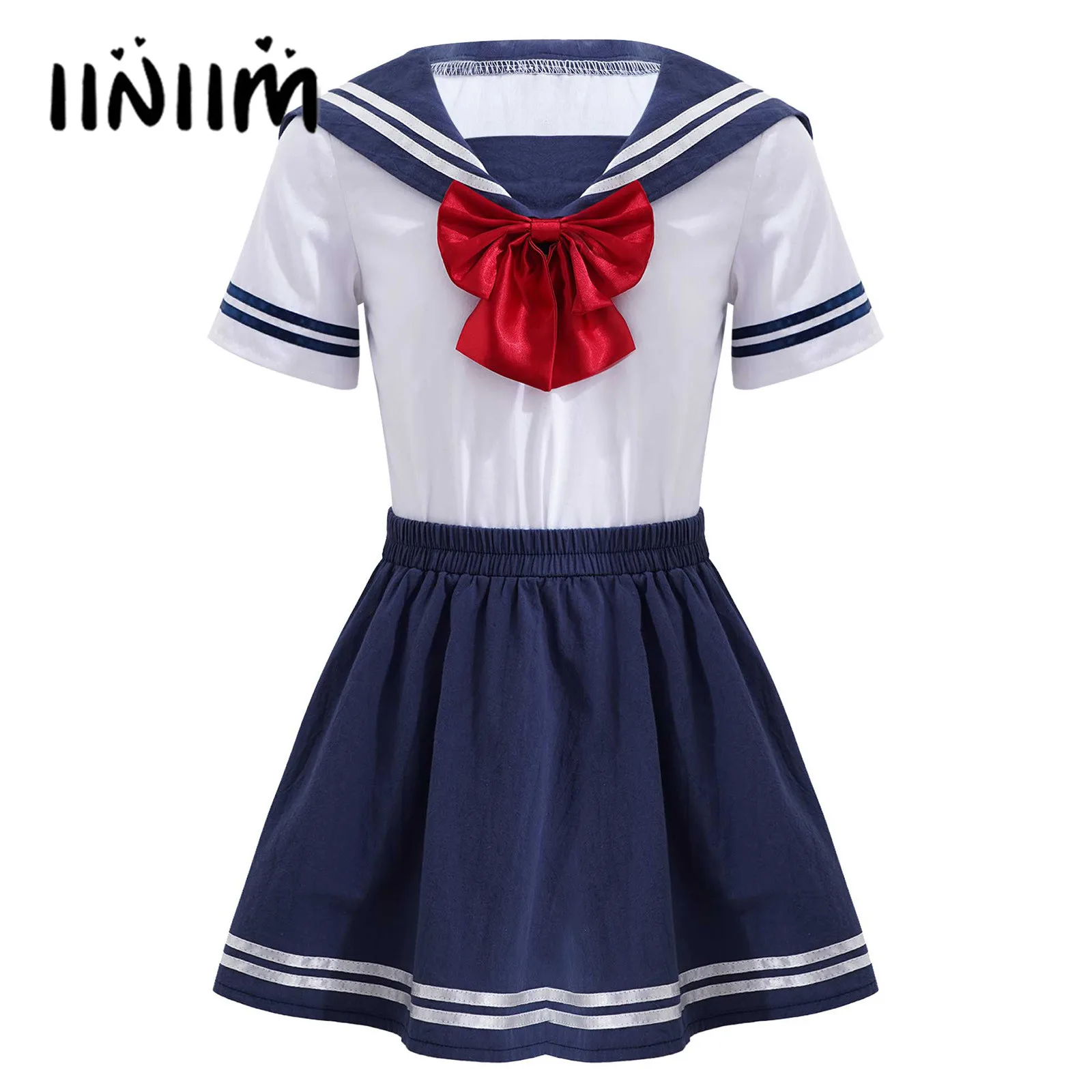 

Kids Girls School Uniform Clothes Set Short Sleeve Striped Patchwork Top with Removable Bowtie and Elastic Waistband Skirt