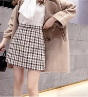 woolen a line mini skirt women soft warm korean casual plaid streetwear new basic female wool khaki houndstooth skirt