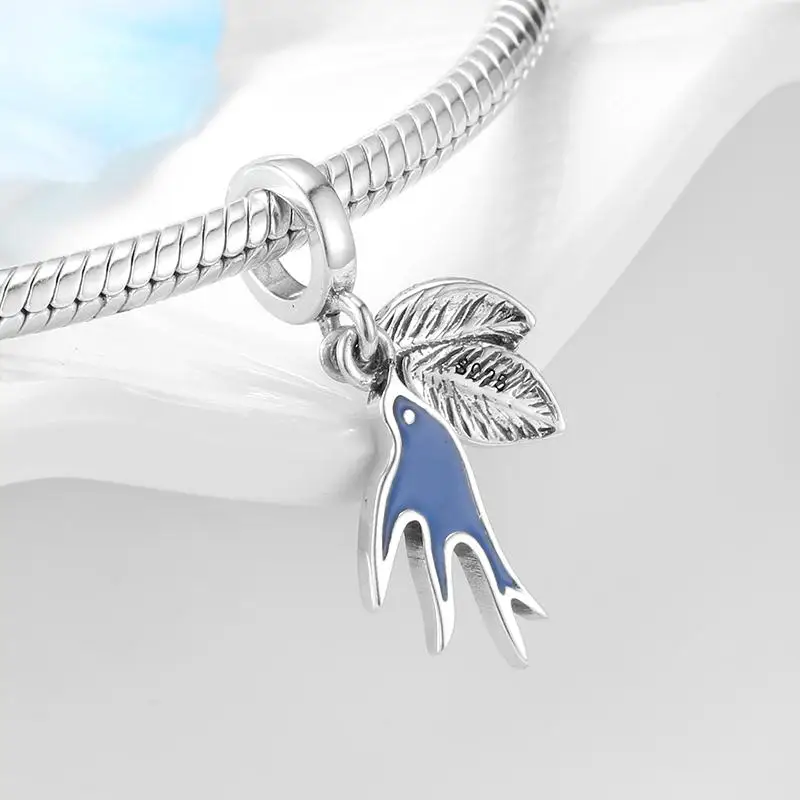 Бусина Шарм сердца из серебра 925 пробы с перьями и синей эмалью|Ювелирные шармы| |