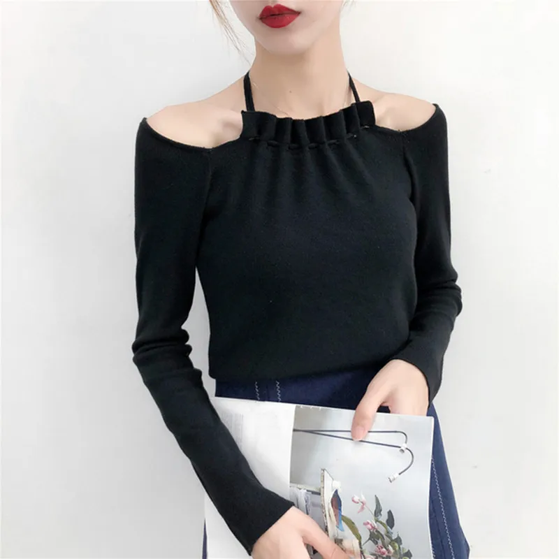 Женский трикотажный пуловер топы осень 2019 Плиссированный Воротник халтер