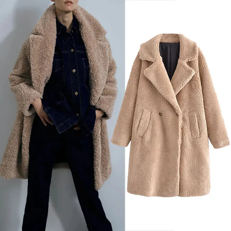 

Za Women 2021 Fashion Lamb Wool Fleece Long Woolen Coat Vintage Long Sleeve Pockets Loose Female Outerwear Chic Overcoat