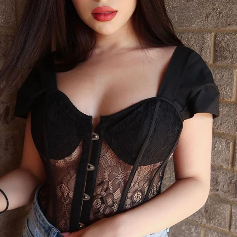 

Women's Fashion Lace Perspective Back Tie Rope Wrap Chest Strapless Tops