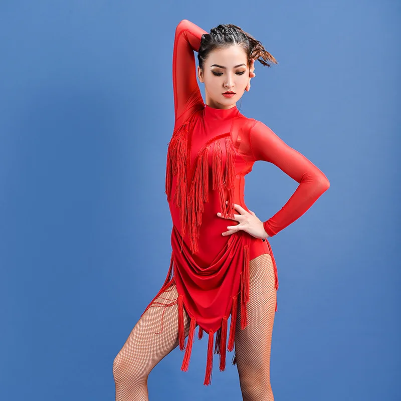 

2021 Autumn Women Red Latin Dance Dress Adult Competition Performance Costumes Fashion Dress Tassel Skirt Latin Ballroom Dance