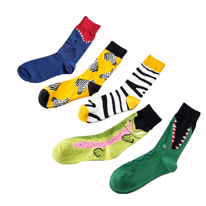 

Носки мужские из чесаного хлопка, модные в стиле хип-хоп, с принтом зебры, крокодила, животных, счастливые парные
