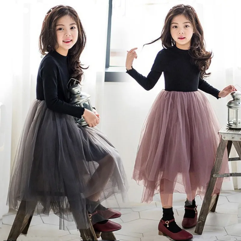 Girls Spring Dress Solid Color Long Sleeve Dresses for Party Show Kids Patchwork Mesh Dress Princess Ball Gown Children Clothing
