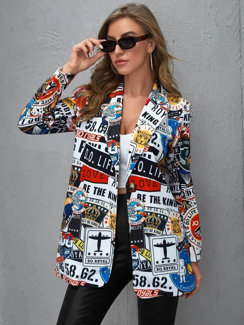 

Letter Irregular Printing Blazer Women Vintage Plus Size Elegant Lady Coat Spring Fall New Fashion Elegant Streetwear USA Style