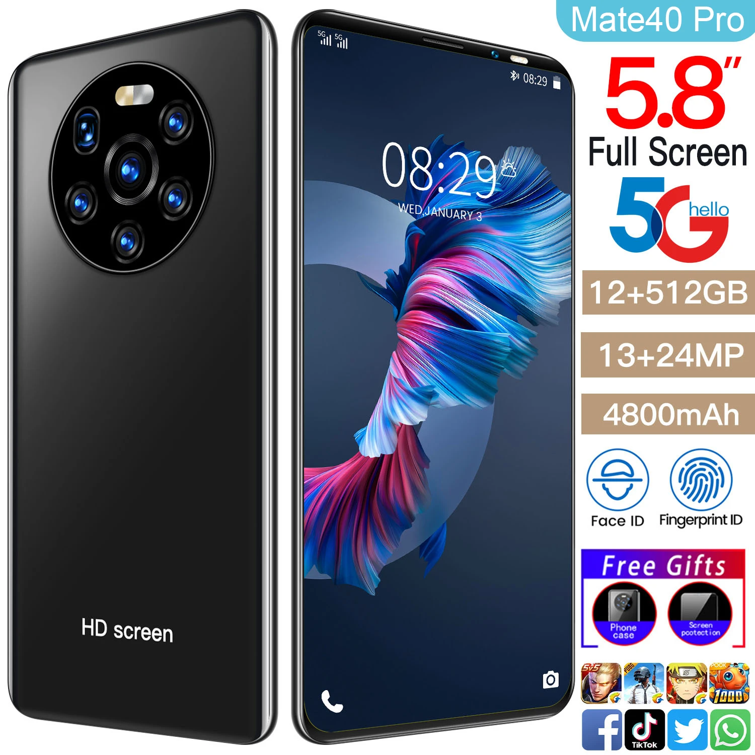 

World Premiere Mate40 pro Smartphone 5.8 Inch Android10 HD Screen 4G 5G Cellphone 16+512GB Face ID 6800mAh Dual SIM Mobile Phone