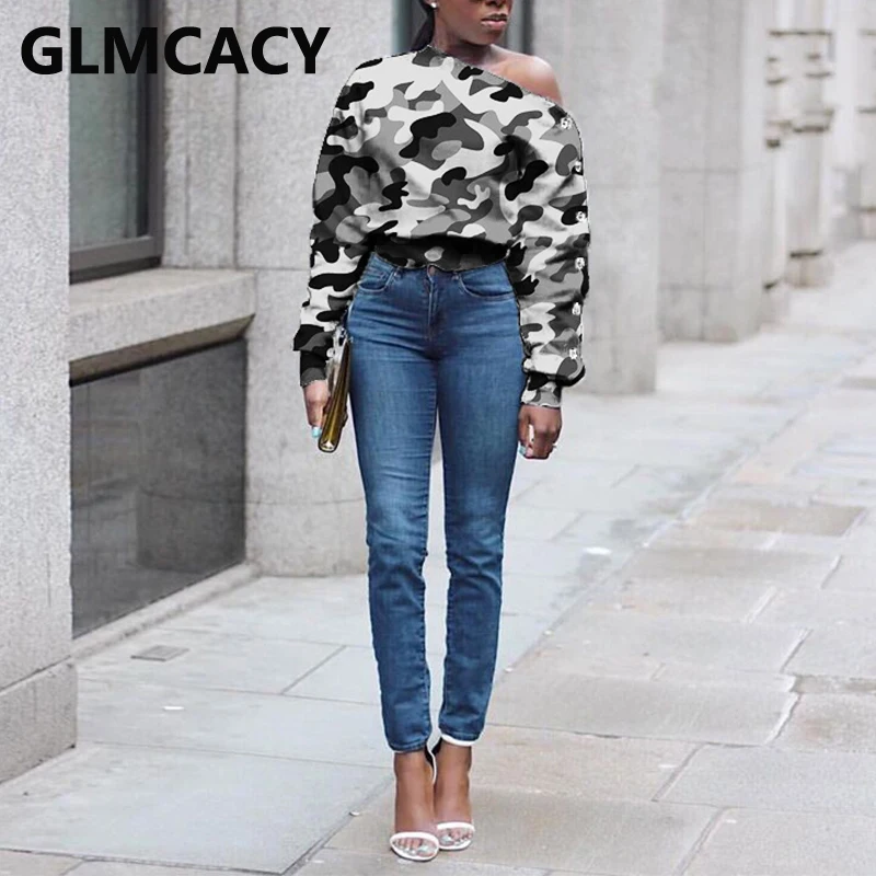 

Women Camo Printed Skew Neck Casual Shirts Elegant Sexy Button Detail Sweatshirt