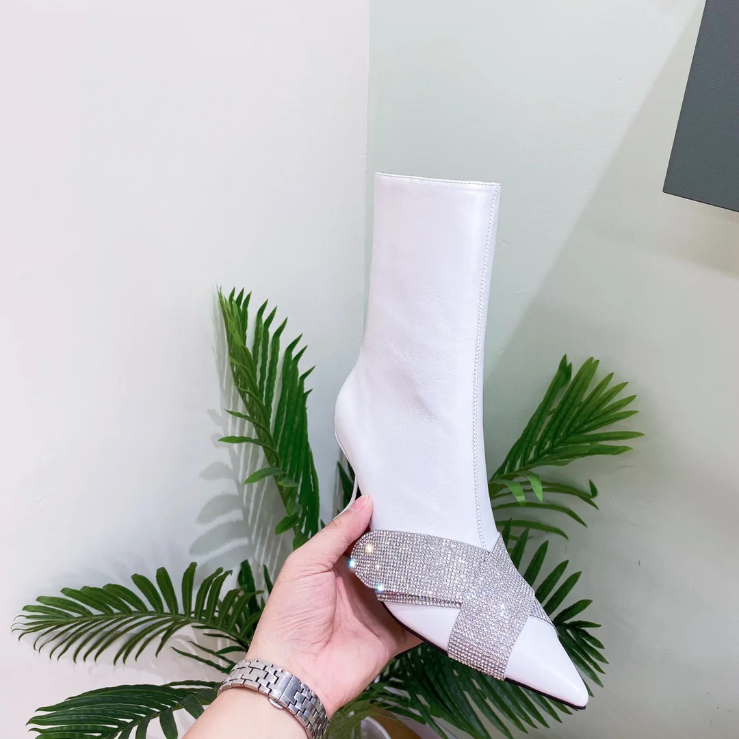 

Casual Designer Women Boots White Genuine Leather Crystal Strappy Pointy Toe High Heels Short Booties Zapatos Mujer Martin Boots