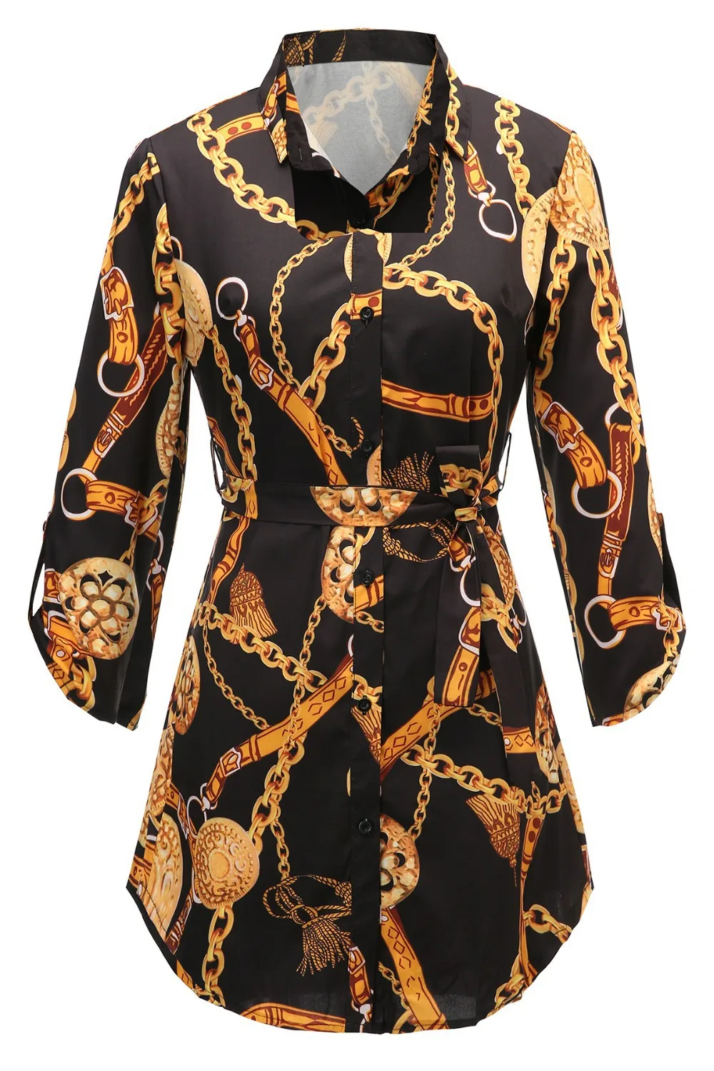 

Donsignet Fashion Women Blouse Spring Casual Lapel Single-breasted Printing Mid-length Loose Plus Size Five-point Sleeve Blouse