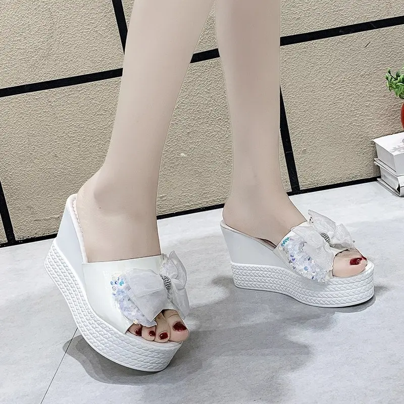 

House Slippers Platform Female Shoes Slides On A Wedge Butterfly-Knot Fashion Women Heels 2021 Luxury High Butterfly-knot PU