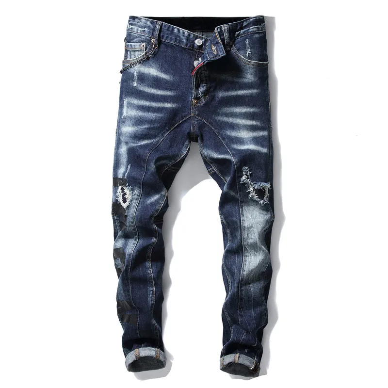 

CNUUIKOOEK Men's New Style Paint Splattered Joint Slim Fit Elasticity Jeans Blue Embroidered Trousers