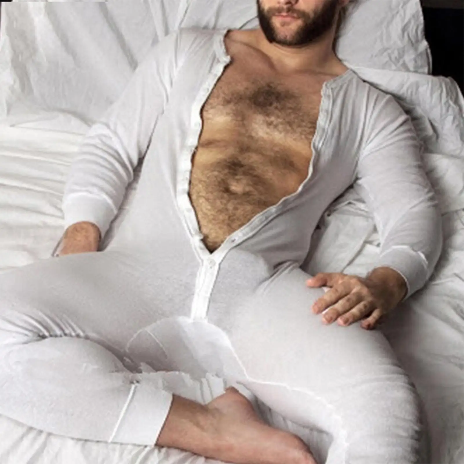 

Men Pajamas Jumpsuit Homewear Solid Color Long Sleeve Comfortable Button Leisure Sleepwear Men Rompers Nightwear S-5XL