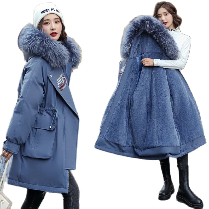 

2021 Winter Down Cotton Jacket Women New Cashmere Liner Parkas Coat Fashion Adjustable Waist Collar Medium Long Hooded Parka