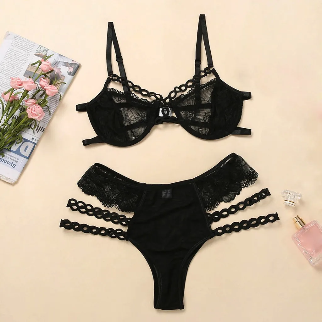 2020 Sexy Floral Black Lace Lingerie Women Underwire Bra Hollow Out Bralette Panty Underwear Set Female Lenceria | Женская одежда