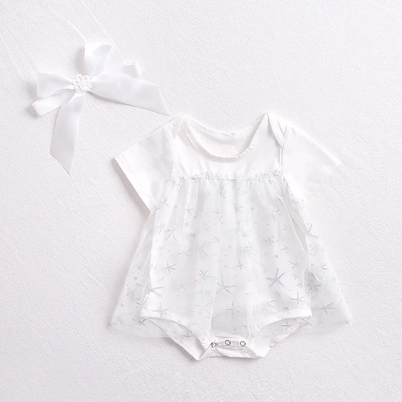 Кружевное боди для новорожденных одежда девочек летнее хлопковое с серебристым