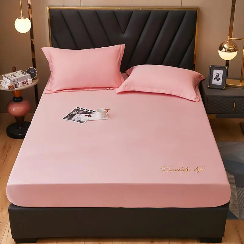 

Pink Light Luxury Embroidery Bed Cover Solid Color and Simple Style Silk Fabric Bedroom Bed King Queen Mattress Protector Cover