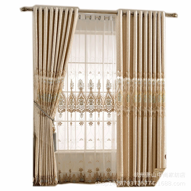 

Beige Water Soluble Embroidery Applique Embroidered Jacquard Chenille Curtains Blackout Curtains for Living Room and Bedroom