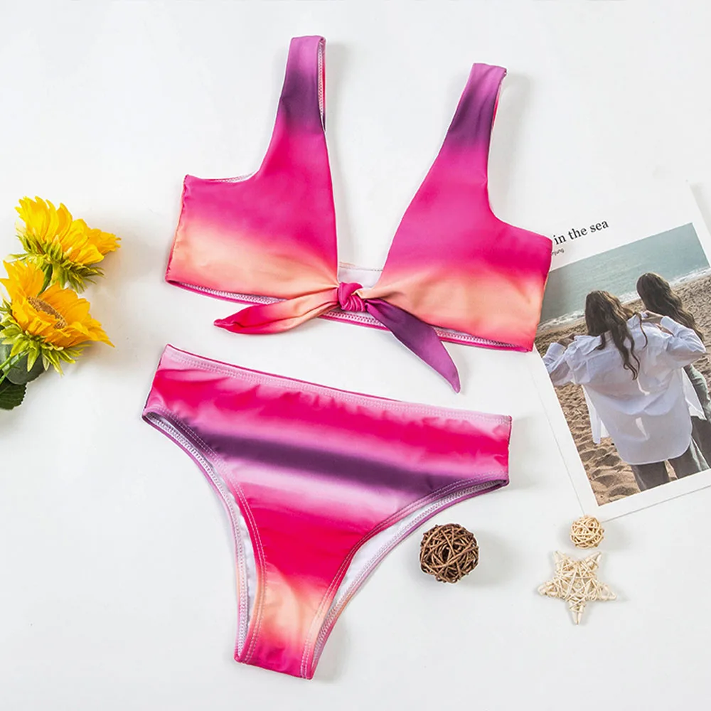 Градиентный Цветной купальник Для женщин с завязкой спереди Высокая Талия