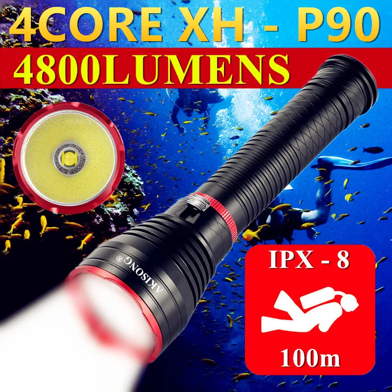 

Подводный мощный светодиодный фонарик XHP50/P70/P90, 100 м, водонепроницаемый фонарь для подводной охоты и дайвинга, Мощный тактический фонарь