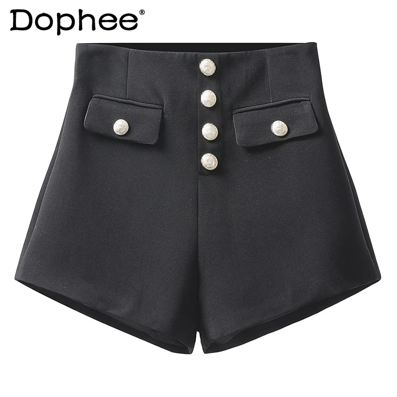 

Black White Wide-Leg Pants for Women 2021 Summer New High Slimming Elegant Short Pants Single-Breasted Casual Shorts Hot Pants