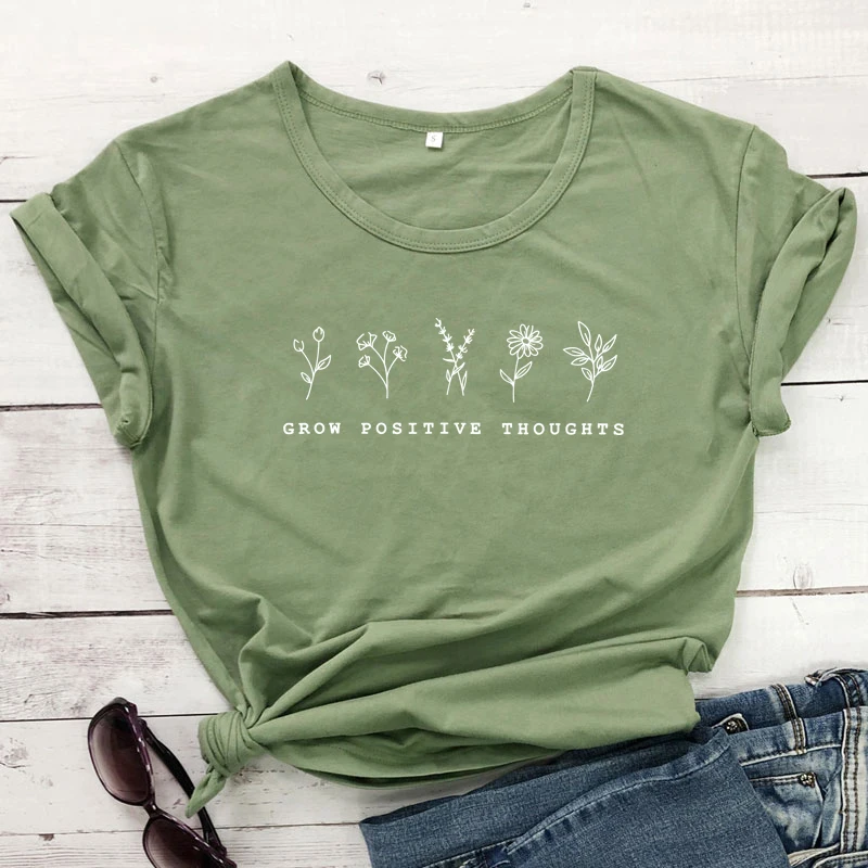 olive-white text Футболка с надписью «Grow положительные идеи» винтажная женская футболка с цветочным принтом летняя вдохновленная футболка в стиле бохо - Цвет: olive-white text