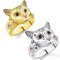 lovely bulk silver plated golden color cat head doodle womens ring jewelry engagement party animal ring wholesale size 5 11