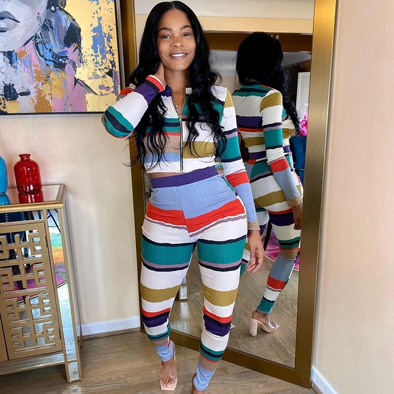 

Женский спортивный костюм в полоску, комплект из двух предметов, куртка на молнии для бега, укороченный топ и брюки, подходящие комплекты, сп...