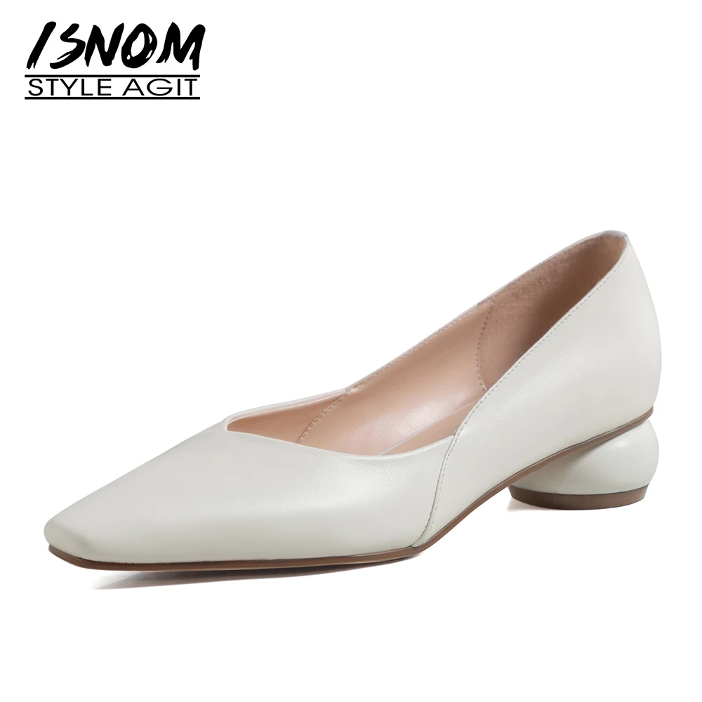 

Новые женские туфли-лодочки ISNOM 2021, туфли-лодочки из натуральной кожи, туфли с квадратным носком и неглубоким необычным каблуком, Повседневн...