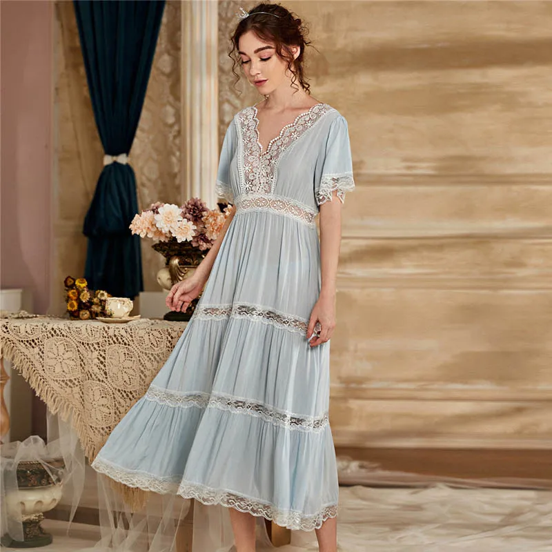 

Roseheart Summer Blue Women Homewear Sexy Sleepwear Night Dress Long Lace V Neck Nightwear Nightgown Sleepwear Court Hollow Out
