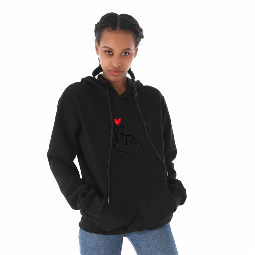 

Women Hoodies Fashion Casual Finger Heart Love Pattern Hooded Sweatshirts Long Sleeve Hooded Tops Female Pullovers Plus Size