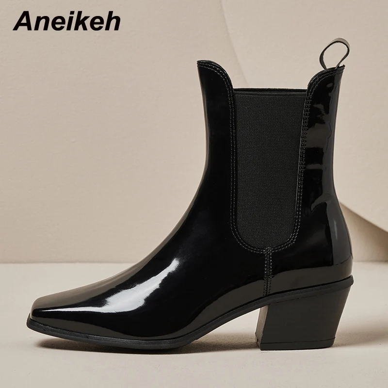 

Aneikeh Fashion Ankle Women's Autumn Boots 2021 Square Heel Platform Shoes Patent Leather Elastic Band Casual Party Size 35-40