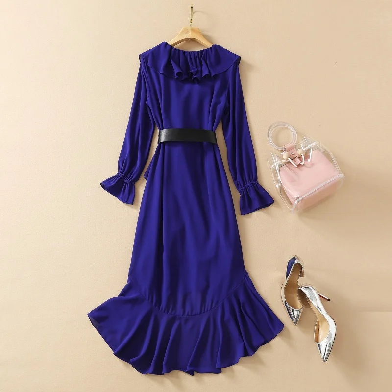 

HIGH QUALITY 2021 New Runway Celebrity Dresses Women's Elegant Long Sleeve V-Neck Lantern Ruffled Irregular Dovetail Dress