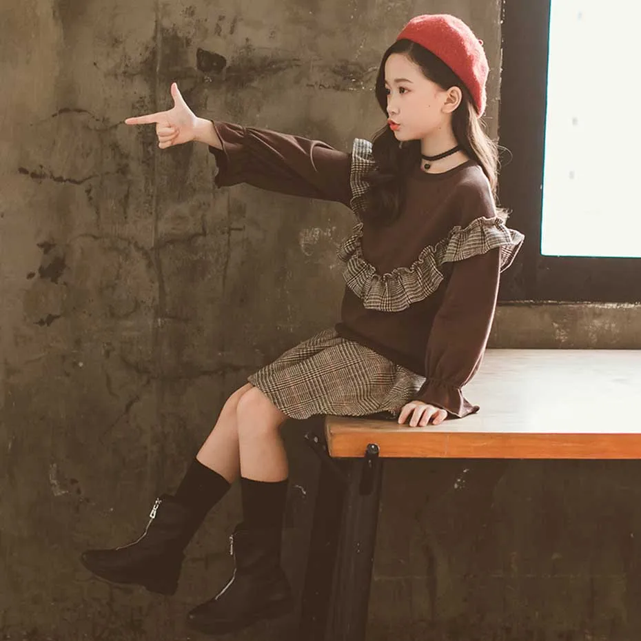 Детская одежда для девочек Толстовка + юбка 2 шт. Лоскутная клетчатая Одежда