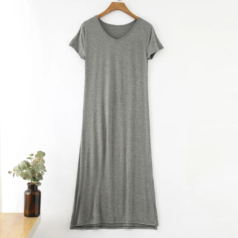 

Summer new modal short-sleeved V-neck dress female slim slimming hem split long skirt one