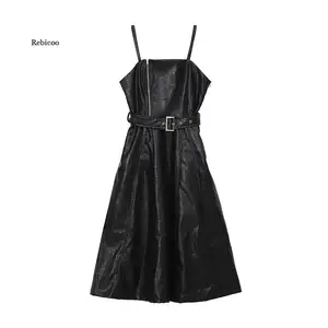 2021 New Autumn Winter Strapless Black Pu Leather Long Dress Women High Waist Belt Zipper Loose Leather Dress Vestidos