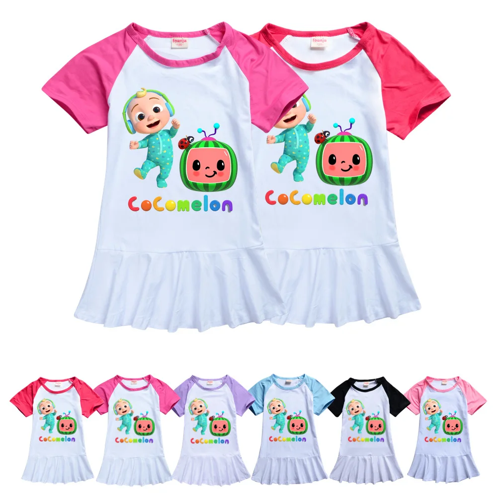 

Kids Girls Ice Silk Dresses Cocomelon Cartoon Princess Dress Girls Summer Short Sleeve Vestio Bag Children Birthday Clothing