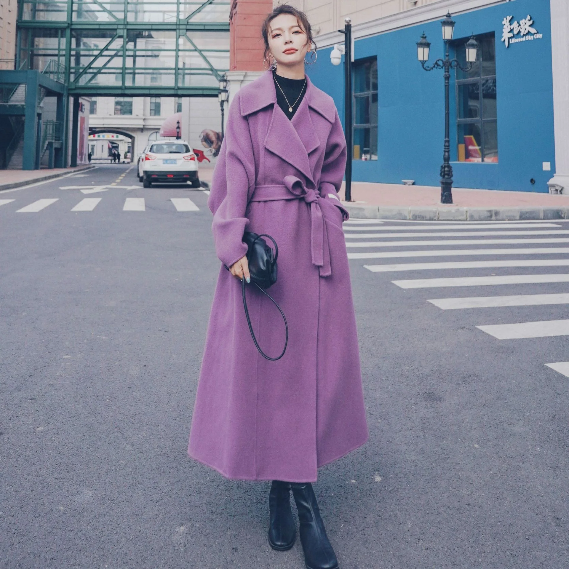 

Loose purple tweed coat women's middle and long autumn and winter 2021 new fashion bat sleeve tweed coat