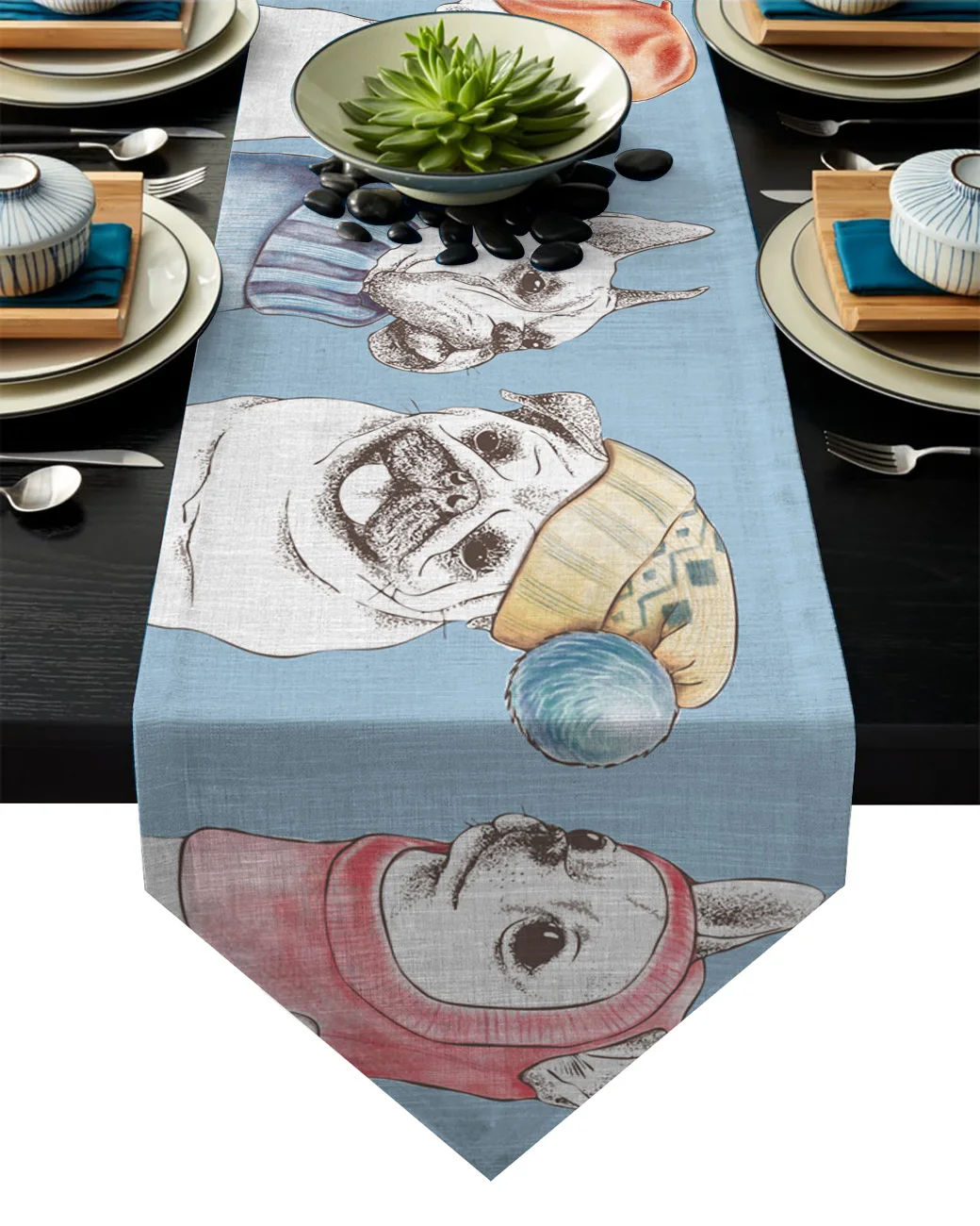 Синий питомец собака бульдог Мопс настольная дорожка Настольный Флаг украшения