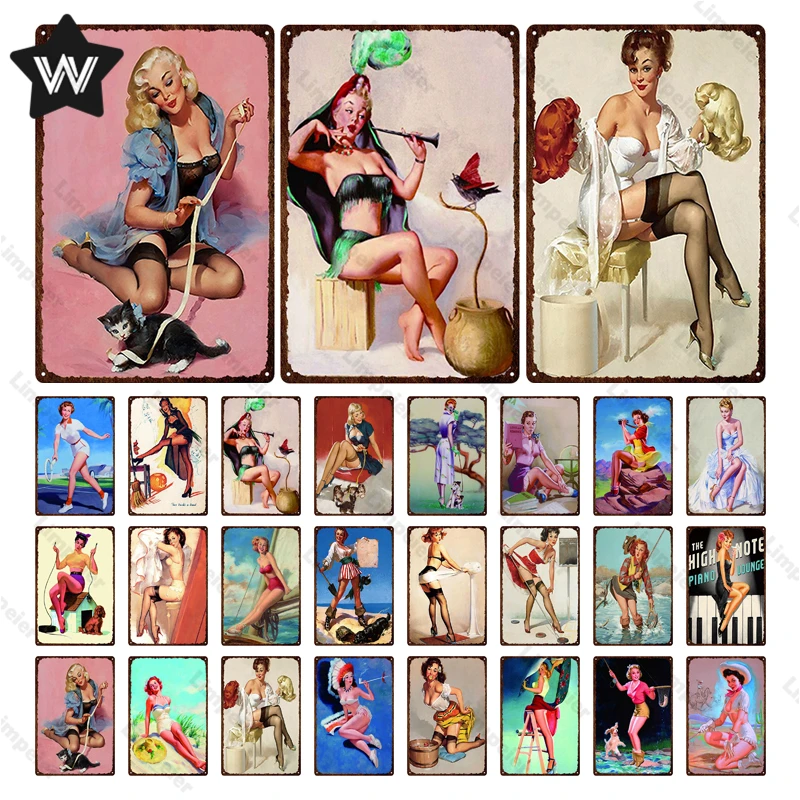 

Sexy Lady Metal Sign Vintage Wall Stickers Pin Up Girl Tin Plate Wall Art Shabby Metal Plaque Retro Tin Signs for Man Cave Decor